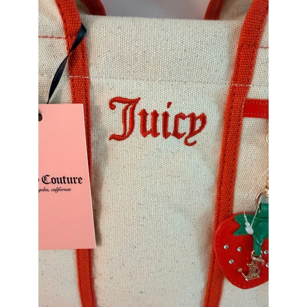 Juicy Couture Canvas Mini Tote Bag Red Cream Strawberry Charm Crossbody NEW